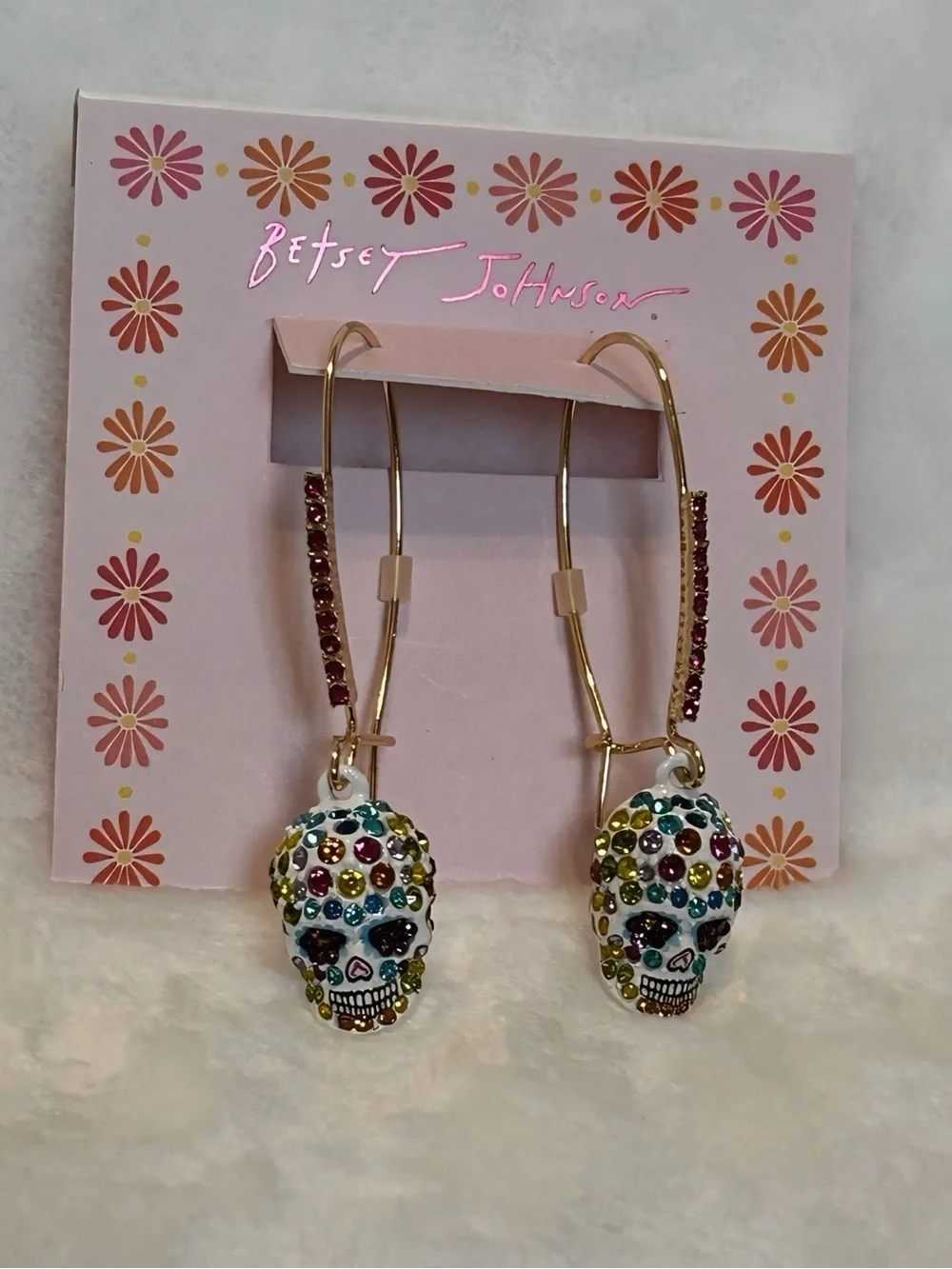 Betsey Johnson Sugar Skull Crystal Drop Hoop Earrings NWT